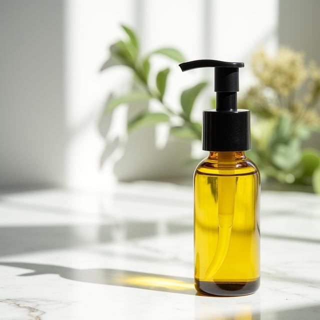 Botella de aceite facial con bomba dosificadora sobre una encimera de mármol con luz natural.