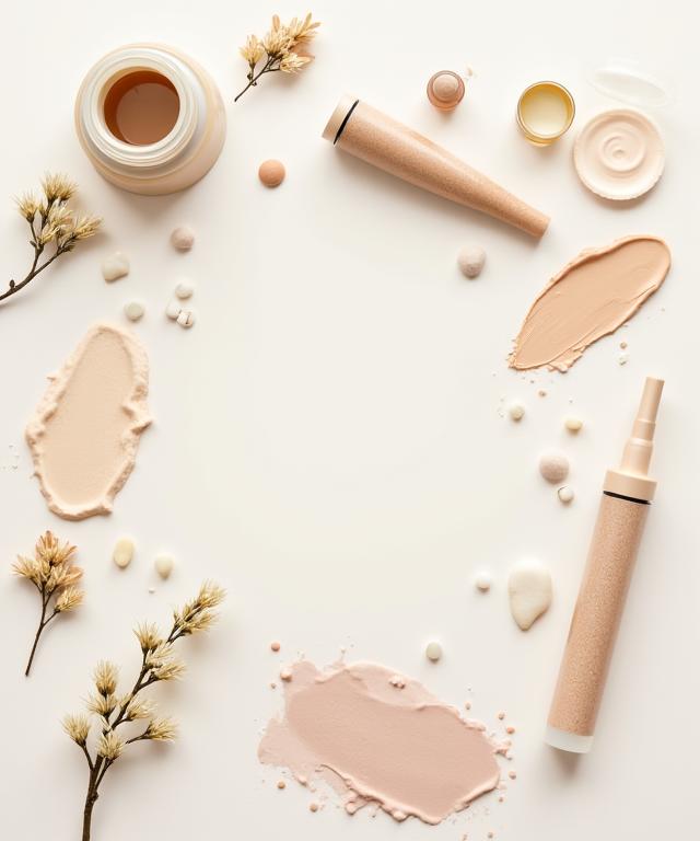 Tablero de concepto de marca con muestras de texturas de crema, elementos botánicos y paleta de colores.