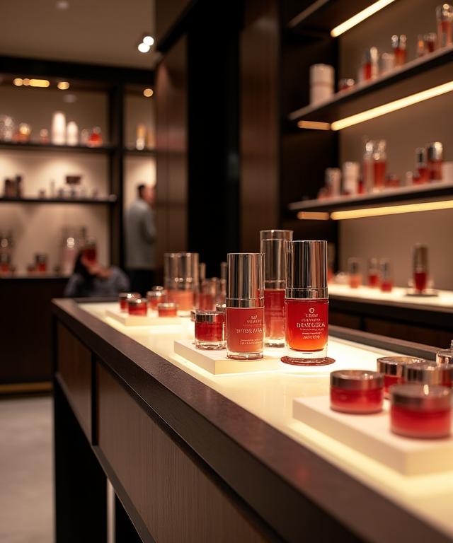 Expositor de productos HispaniaBelleza en una boutique de belleza de alta gama.