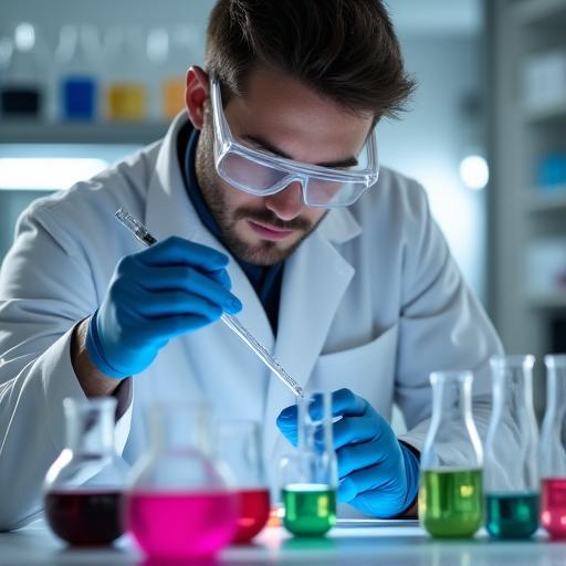 Científico con bata blanca trabajando meticulosamente con una pipeta en un laboratorio.