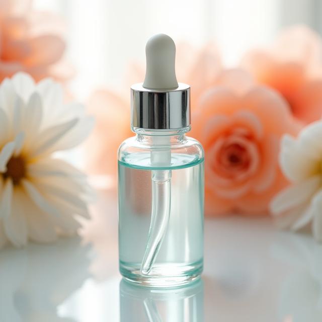 Frasco gotero de serum sobre un fondo de cristal con reflejos florales.