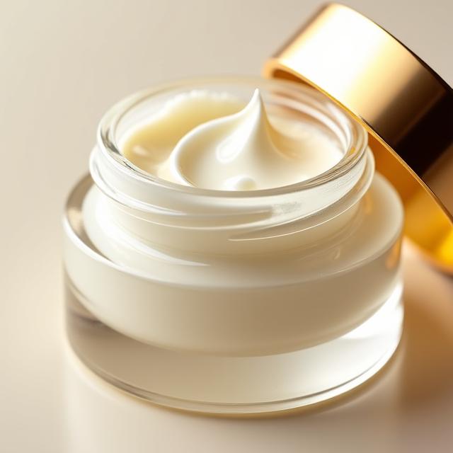 Primer plano de un tarro de cristal abierto con una rica crema facial de tapa dorada.